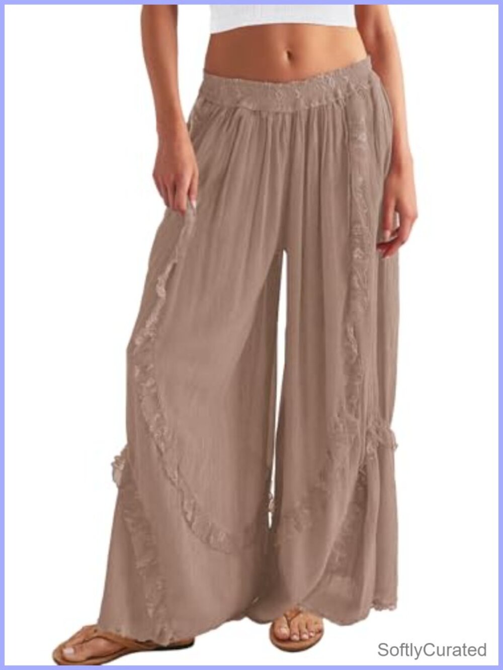 Womens Flowy Lace Trim Wide Leg Palazzo Lounge Pants with Pockets